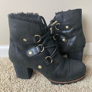 Sorel Addington Chelsea Lace Up Boots Black Leather Lux Holiday Shearling 8.5